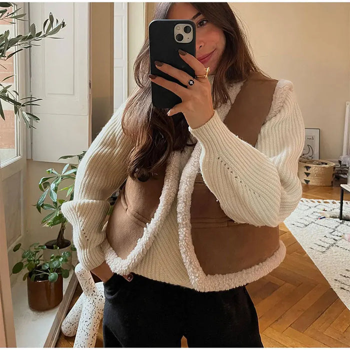 Fashion Warm Fur Vest For Women Elegant Sleeveless Turndown Collar Jackets  2023 Winter Chic Casual Faux Leather Waistcoat Vests
