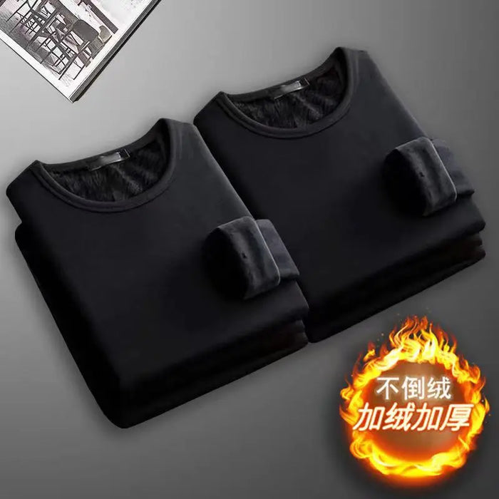 2Pcs Mens Underwear Winter Men's Long-sleeved Thermal Underwear Plus Velvet Padded T-shirt Round Neck Slim Bottoming Shirt