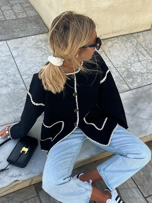 Women Round Neck Patchwork Coat Long Sleeve Single Breasted Pocket Jackets 2023 Autumn Fashion Female Streetwear Outwears