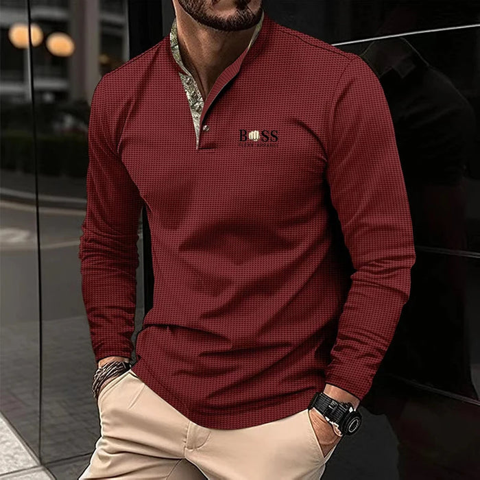 New men's autumn and winter leisure printed long sleeve POLO shirt High quality lapel button down T-shirt European size long sle