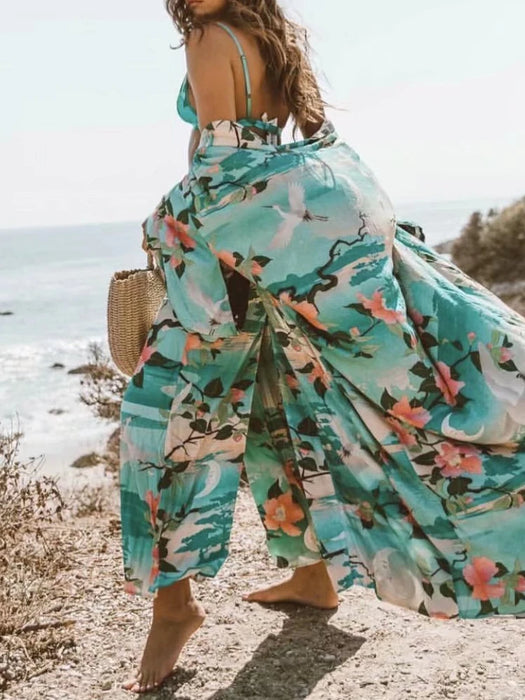 Vintage Green Crane Floral Print Rayon Cotton Sashes Bohemian Kimono Robe Women V Neck Batwing Sleeves Boho Bikini Cover-ups