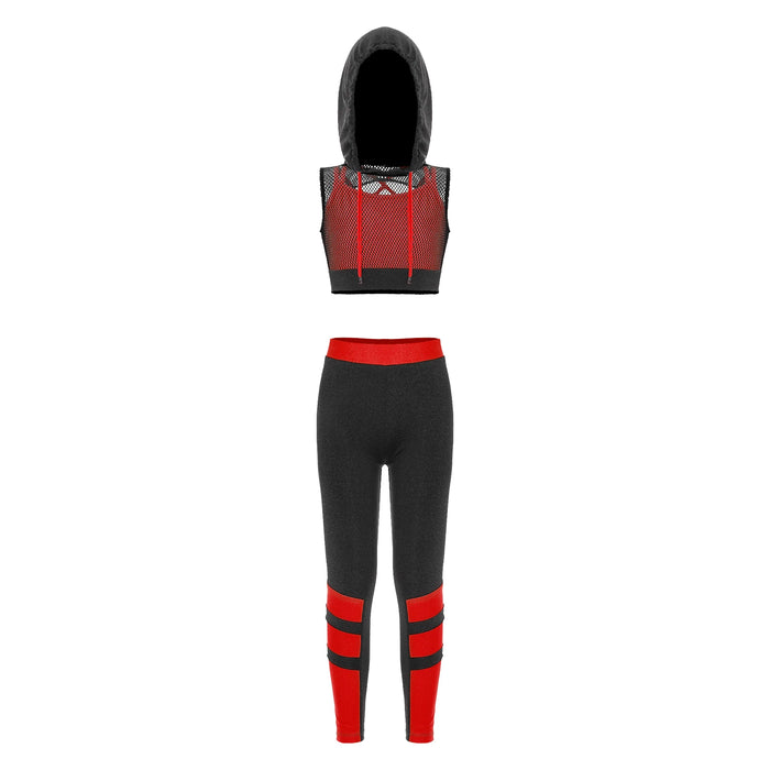 Girls Hip Hop Dance Sports Sets Kids Hooded Net Cover Up Crop Tops Vest And Pants Suit Fashion Jazz Modern Street Dance Costumes