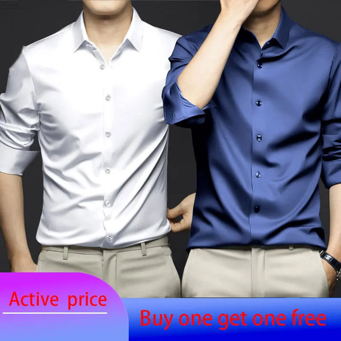 6XL Spring/Summer Formal Men's Fashion long-sleeved shirt Luxury wrinkle-proof non-ironed solid color business casual ice silk