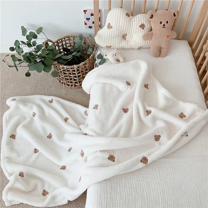 Baby Blanket Soft Fleece Cartoon Bear Embroidery Infant Quilt Blanket Newborn Baby Swaddle Sleeping Blanket Stroller Blanket