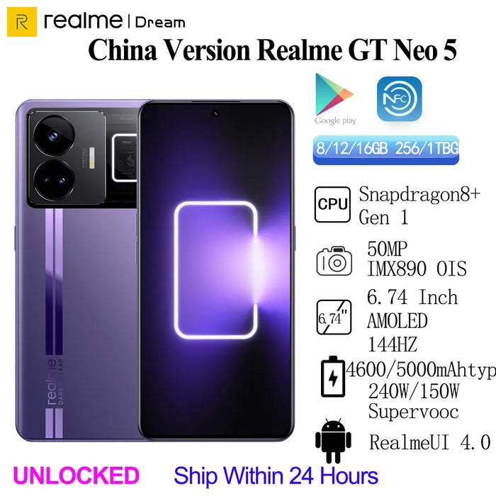 Original Realme GT Neo 5 Snapdragon 8+ Gen1  240/150W Supervooc 4600/5000mAh   IMX890 OIS 6.74Inch AMOLED  OTA