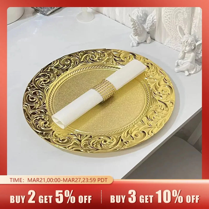 6pcs Plastic Gold Charger Plates 13" Round Patterned Placemat Dinner Serving Tray Wedding Christmas Decor Table Place Setting