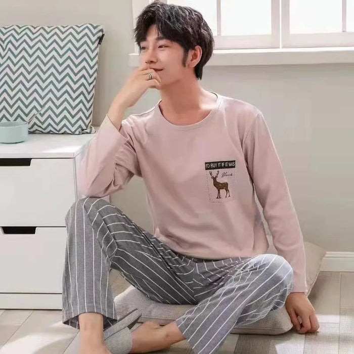 New Arrival Pajamas Men's Cotton Long-sleeved Striped Spring and Autumn Men's Teen Winter Homewear 2-Piece Suit