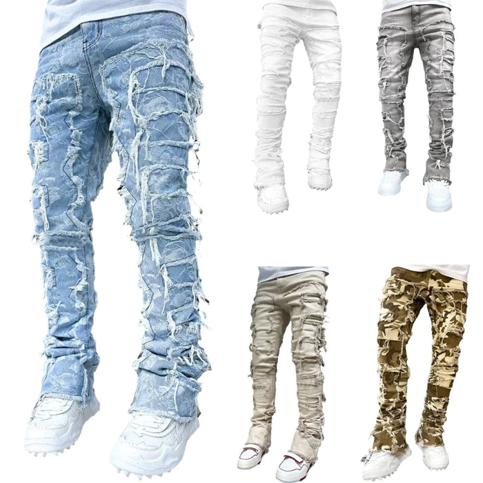 E15E Mens Stacked Jeans Fit Ripped Jeans Destroyed Straight Denims Pants Vintage Hip Hop Trouser Streetwear