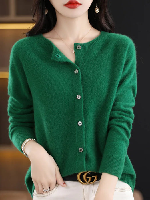 New Fashion Spring 100% Pure Merino Wool Womens O-neck Cardigan Cashmere Sweater 2024 Female Clothing Grace Knitwear Korean Tops
