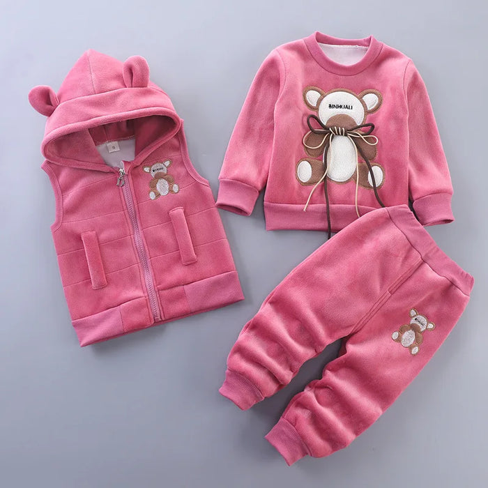 2023 Winter Baby Boy Clothes Sets Autumn Cotton Thick Warm Hooded Sweater Cartoon Cute Bear Three-Piece Baby Girl Suit 0-5Y