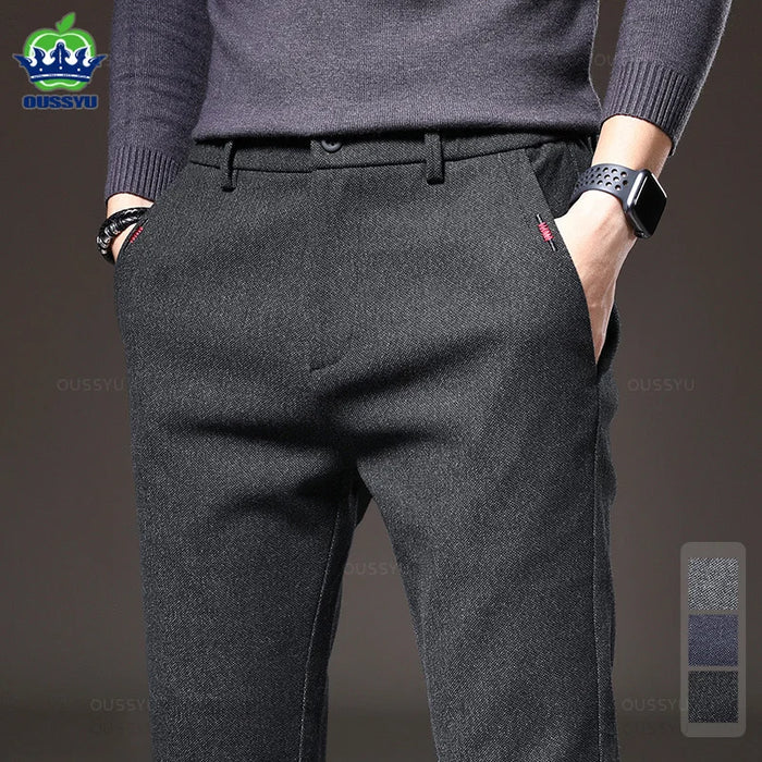 Four Seasons Men's Brushed Fabric Casual Pants Business Fashion Slim Fit Stretch Thick Gray Blue Black Cotton Trousers Male