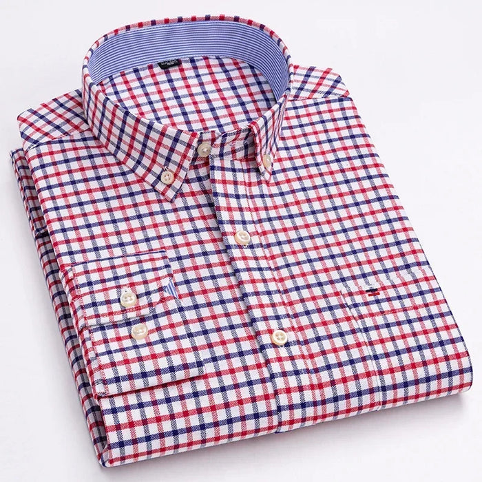 2023 Oxford Men Fashion 100% Cotton Thin Long Sleeve Casual Slim Solid Color Plaid Print Stripe Formal Dress Shirt Plus 7XL 6XL