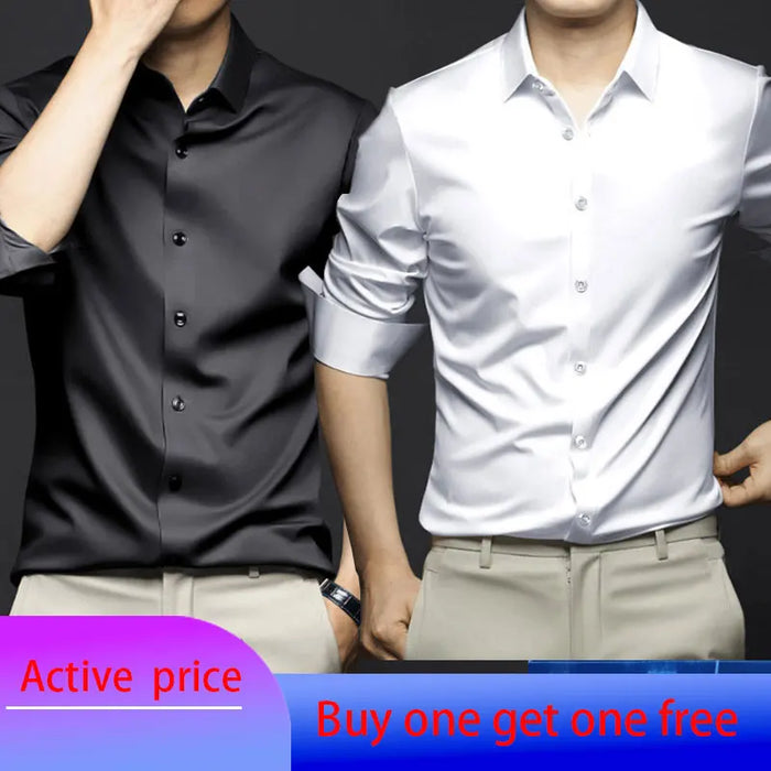 6XL Spring/Summer Formal Men's Fashion long-sleeved shirt Luxury wrinkle-proof non-ironed solid color business casual ice silk