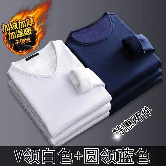 2Pcs Mens Underwear Winter Men's Long-sleeved Thermal Underwear Plus Velvet Padded T-shirt Round Neck Slim Bottoming Shirt