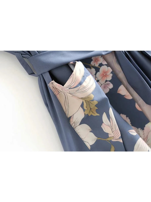 Vintage Peacock Floral Print Sashes Women Bohemian V Neck Batwing Sleeves Lady Happie Beach Boho Robe Bikini Cover-ups