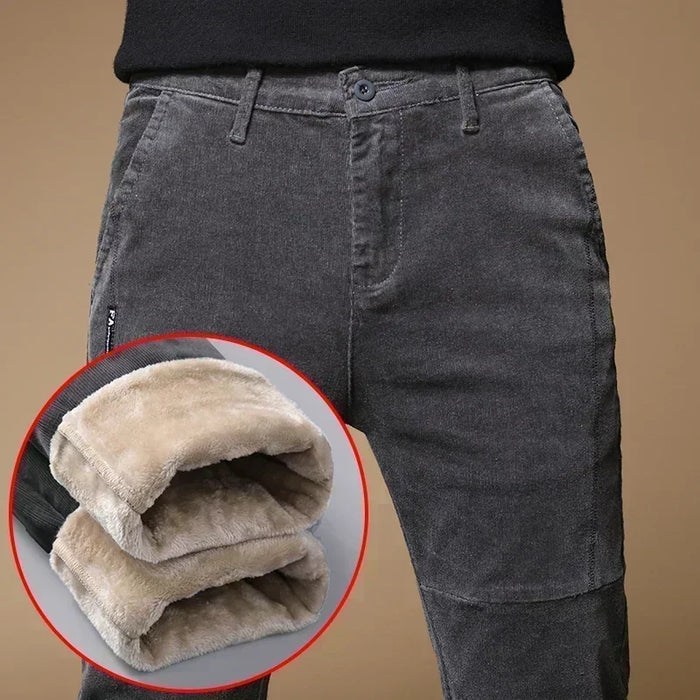 2023 New Winter Fleece Warm Corduroy Pants Men Business Fashion Slim Fit Stretch Thicken Gray Green Fluff Casual Trousers Male