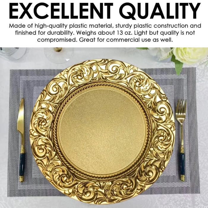 6pcs Plastic Gold Charger Plates 13" Round Patterned Placemat Dinner Serving Tray Wedding Christmas Decor Table Place Setting