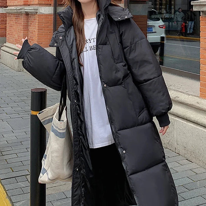 ITOOLIN Women Autumn Winter Button Pocket Casual Down Coat Thicken Cotton Warm Hooded Long Coat Long Sleeve Parkas Office Coat