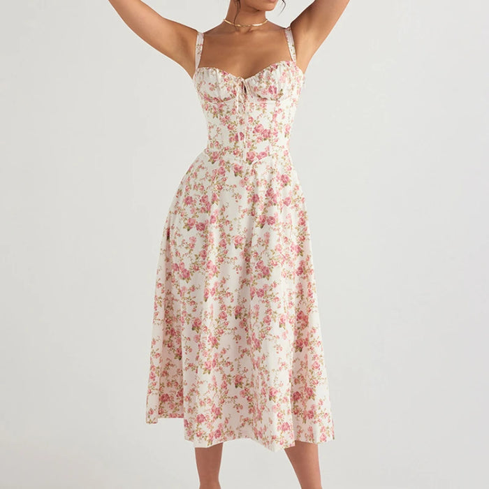 Women Summer Boho Spaghetti Straps Split Thigh Midi Dress Tie Front Solid Floral Print Sleeveless Vintage A Line Beach Dresses