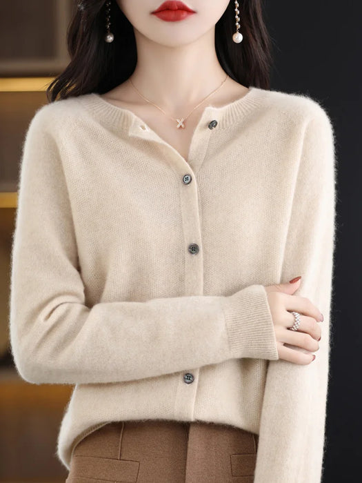 New Fashion Spring 100% Pure Merino Wool Womens O-neck Cardigan Cashmere Sweater 2024 Female Clothing Grace Knitwear Korean Tops