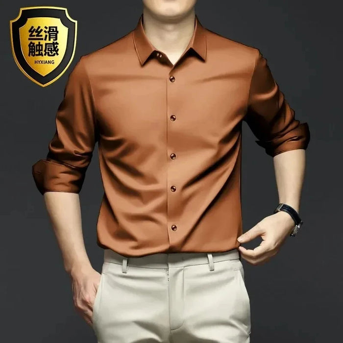 Men's Silk Shirts Long Sleeve Drill Button Solid Color 3XL Silky Business Formal Social No Iron and Wrinkle Soft Fashion Clothes