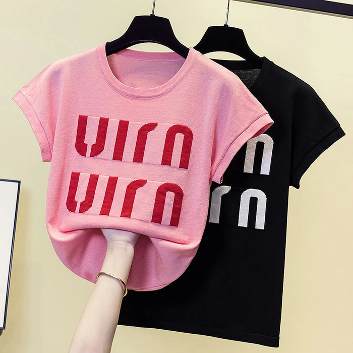 Summer Plus Size Women Pullover Sweater Thin Rib Knitted Female Letter Print Tops Oversize Jumper Short Sleeve Sueters De Mujer