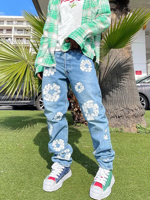 New Arrival Loose Straight Comfy Cotton Denim Pants Trousers Y2K Clothes Streetwear Casual Fashion Flowers Printed Jeans For Men