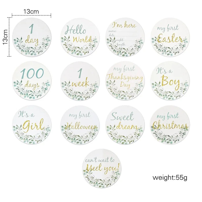 12pcs Baby Milestone Number Monthly Memorial Cards Newborn Baby Paper Wooden Engraved Age Photography Accessories Birthing Gift