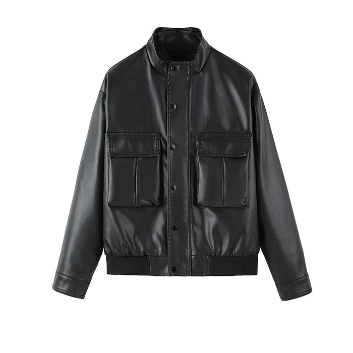 Autumn Winter Men's Leather Jacket 3D Pocket Solid Motocycle Bomber Coat Highstreet