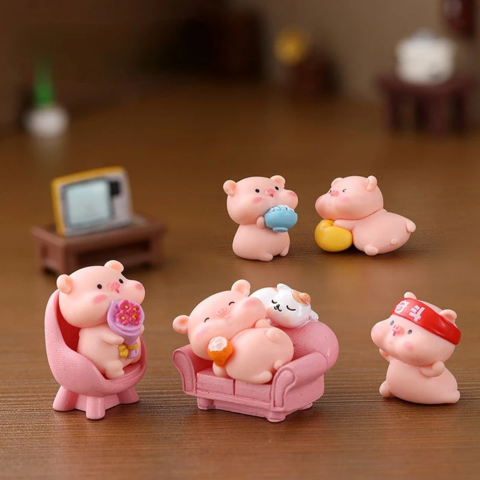 6pcs/set Cute Mini Pig Figurine Animal Doll Toy Model Statue Miniatures Items Fairy Bonsai Home Garden Ornaments Outdoor Decors