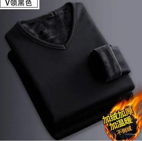 2Pcs Mens Underwear Winter Men's Long-sleeved Thermal Underwear Plus Velvet Padded T-shirt Round Neck Slim Bottoming Shirt