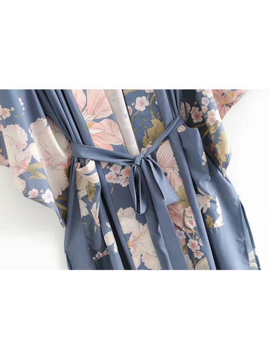 Vintage Peacock Floral Print Sashes Women Bohemian V Neck Batwing Sleeves Lady Happie Beach Boho Robe Bikini Cover-ups