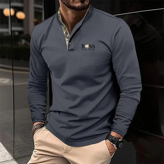 New men's autumn and winter leisure printed long sleeve POLO shirt High quality lapel button down T-shirt European size long sle