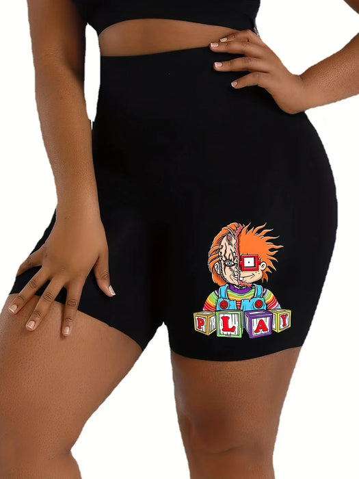 Plus Size Women's Casual Shorts, Summer Plus Cartoon Figure Printing High Rise High Elasticity Shorts Sports Leggings