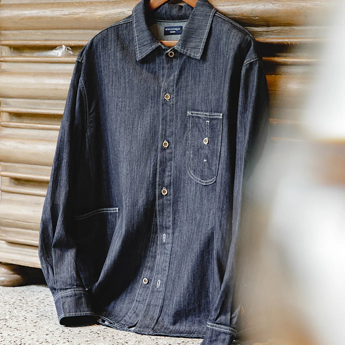 Maden 2023 Vintage Large Pockets Washed Denim Shirt Men's Casual 240g Button Down Long Sleeve Shirts Amekaji Loose Workwear Tops