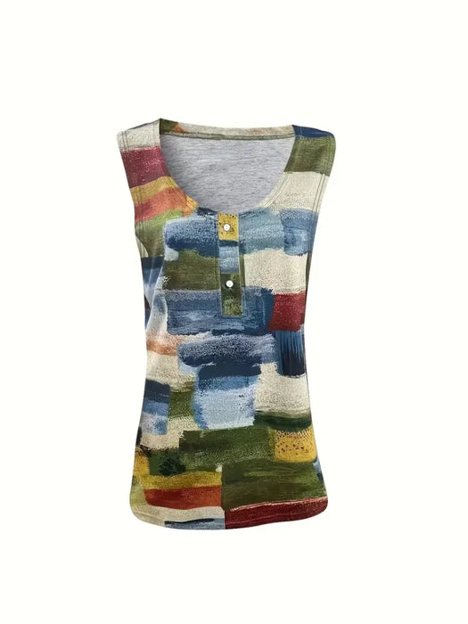 Plus Size Geometric Print Sleeveless Tank Tops & Camis with Button Detail  Polyester Crew Neck Vest for Women  Casual Knit Fabri