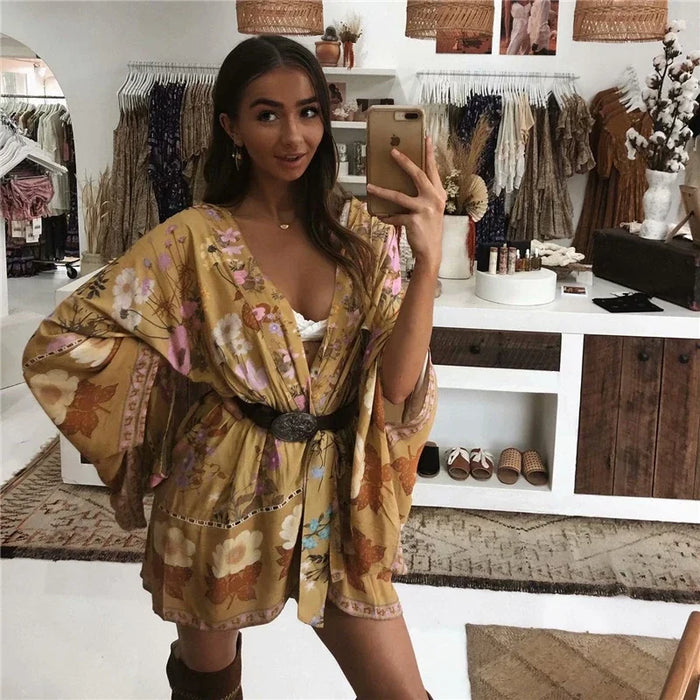 Happie Queens Women Floral Print Sashes Bat Sleeve Beach Bohemian Kimono Dresses Ladies V Neck  Summer Bikini Boho Cover-ups