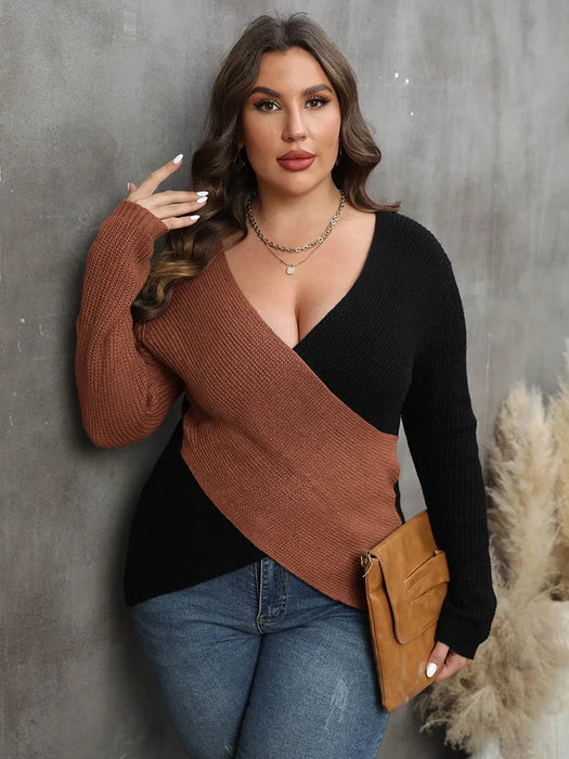 GIBSIE Plus Size Colour Blocking Deep V-Neck Sexy Sweater Women 2023 Autumn Winter Long Sleeve Office Ladies Knitted Jumper