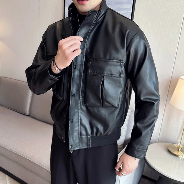 Autumn Winter Men's Leather Jacket 3D Pocket Solid Motocycle Bomber Coat Highstreet