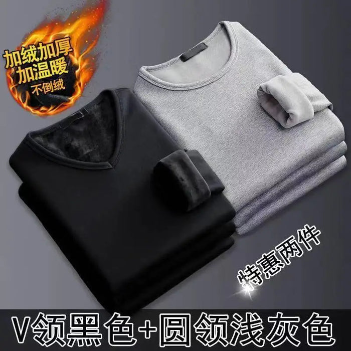 2Pcs Mens Underwear Winter Men's Long-sleeved Thermal Underwear Plus Velvet Padded T-shirt Round Neck Slim Bottoming Shirt