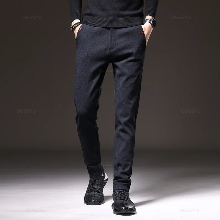 Four Seasons Men's Brushed Fabric Casual Pants Business Fashion Slim Fit Stretch Thick Gray Blue Black Cotton Trousers Male