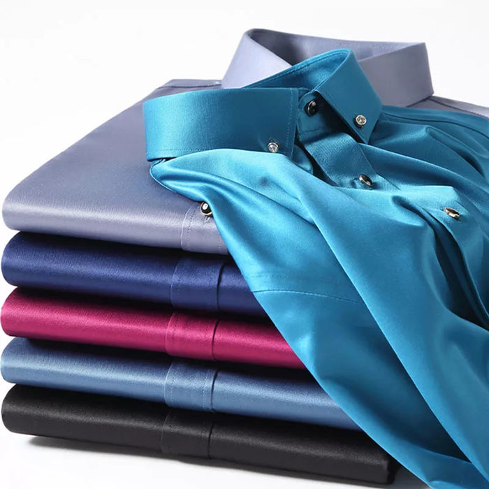 Men's Silk Shirts Long Sleeve Drill Button Solid Color 3XL Silky Business Formal Social No Iron and Wrinkle Soft Fashion Clothes