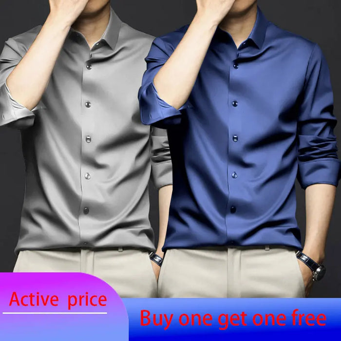 6XL Spring/Summer Formal Men's Fashion long-sleeved shirt Luxury wrinkle-proof non-ironed solid color business casual ice silk