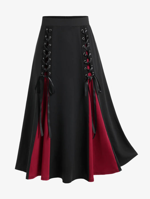 ROSEGAL Plus Size Gothic Lace Up Skirts Black Red Purple Colorblock Elastic Waisted A Line Skirt Cozy Basic Bottoms For Women 4X