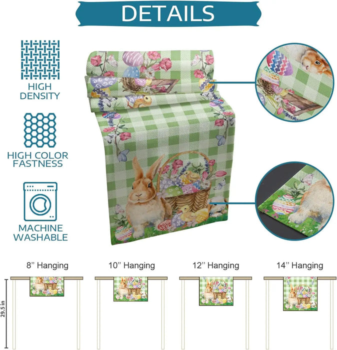 Easter Rabbit Colorful Eggs Flowers Green Plaid Linen Table Runners Washable Kitchen Dining Table Runners Wedding Decorations