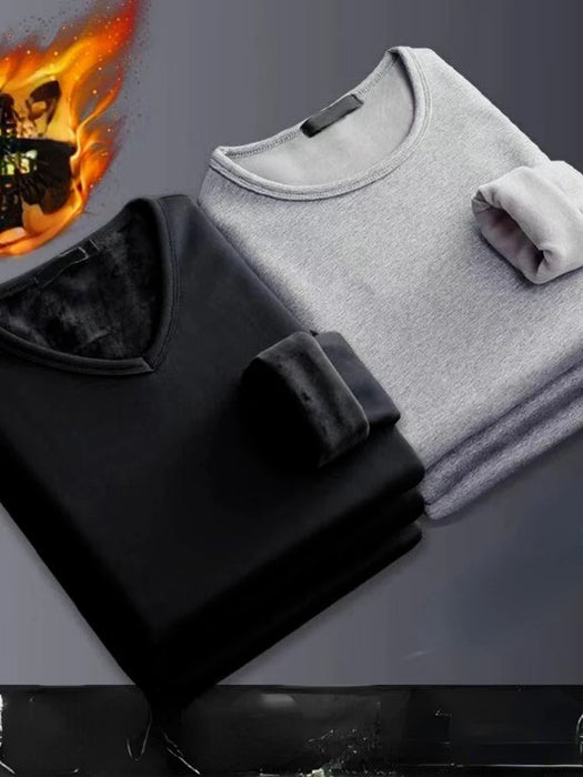 2Pcs Mens Underwear Winter Men's Long-sleeved Thermal Underwear Plus Velvet Padded T-shirt Round Neck Slim Bottoming Shirt