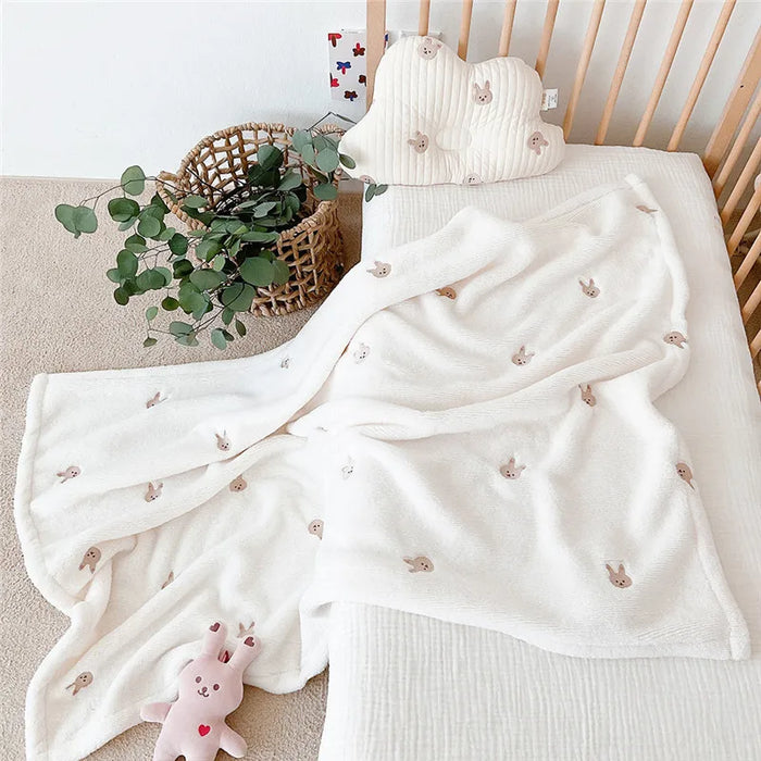 Baby Blanket Soft Fleece Cartoon Bear Embroidery Infant Quilt Blanket Newborn Baby Swaddle Sleeping Blanket Stroller Blanket