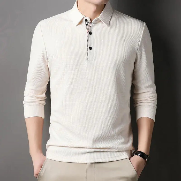 Men Fashion Long Sleeve Solid Casual Polo Shirts Spring Autumn Loose Streetwear Male Clothes Lapel Plaid Business Office Tops