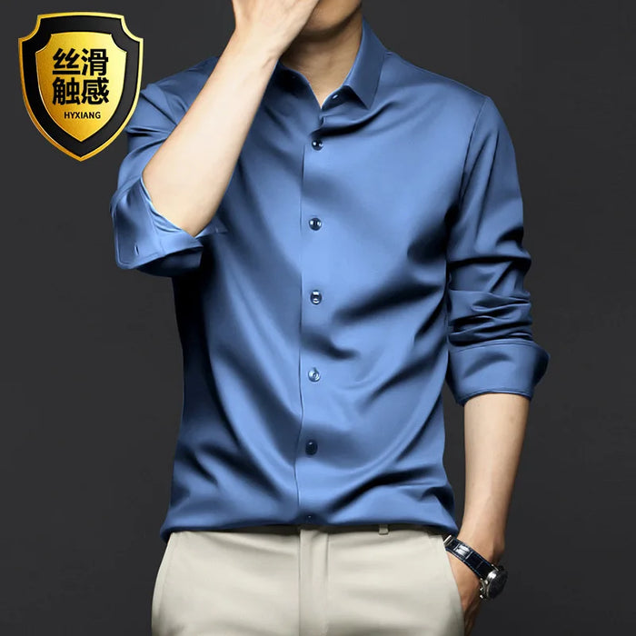 6XL Spring/Summer Formal Men's Fashion long-sleeved shirt Luxury wrinkle-proof non-ironed solid color business casual ice silk