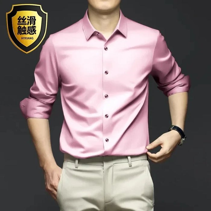 Men's Silk Shirts Long Sleeve Drill Button Solid Color 3XL Silky Business Formal Social No Iron and Wrinkle Soft Fashion Clothes